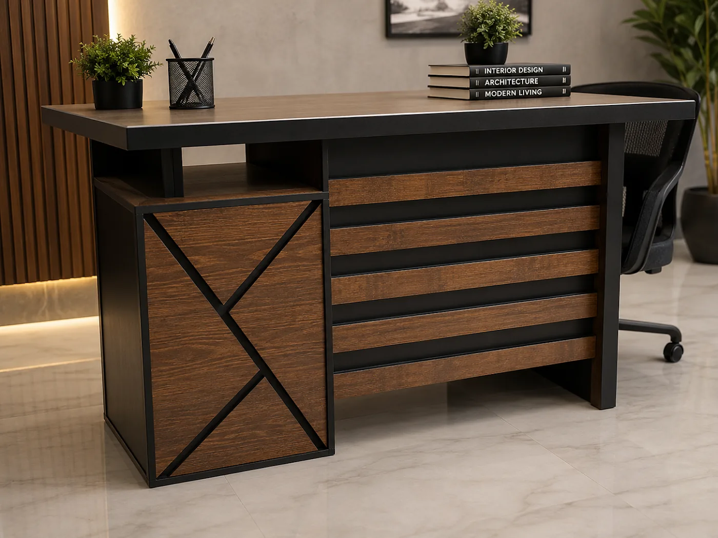 An executive desk with a walnut top and black steel frame, made by Haider Furniture's House