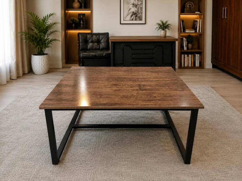 Walnut meeting table with black steel legs in a panelled office