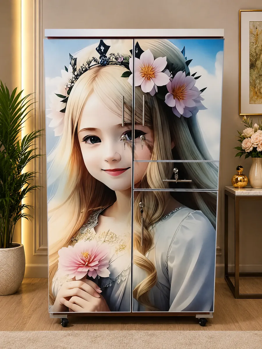 Wardrobe with a printed illustrated door for a child's room
