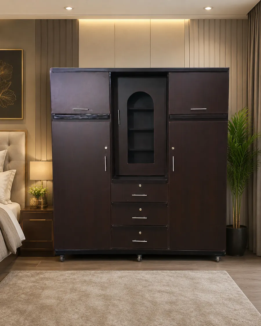 Dark three-door wardrobe with mirror and drawers
