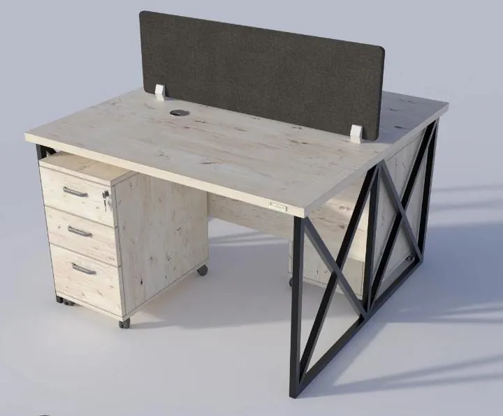 Two-person workstation with privacy screen and drawer pedestal